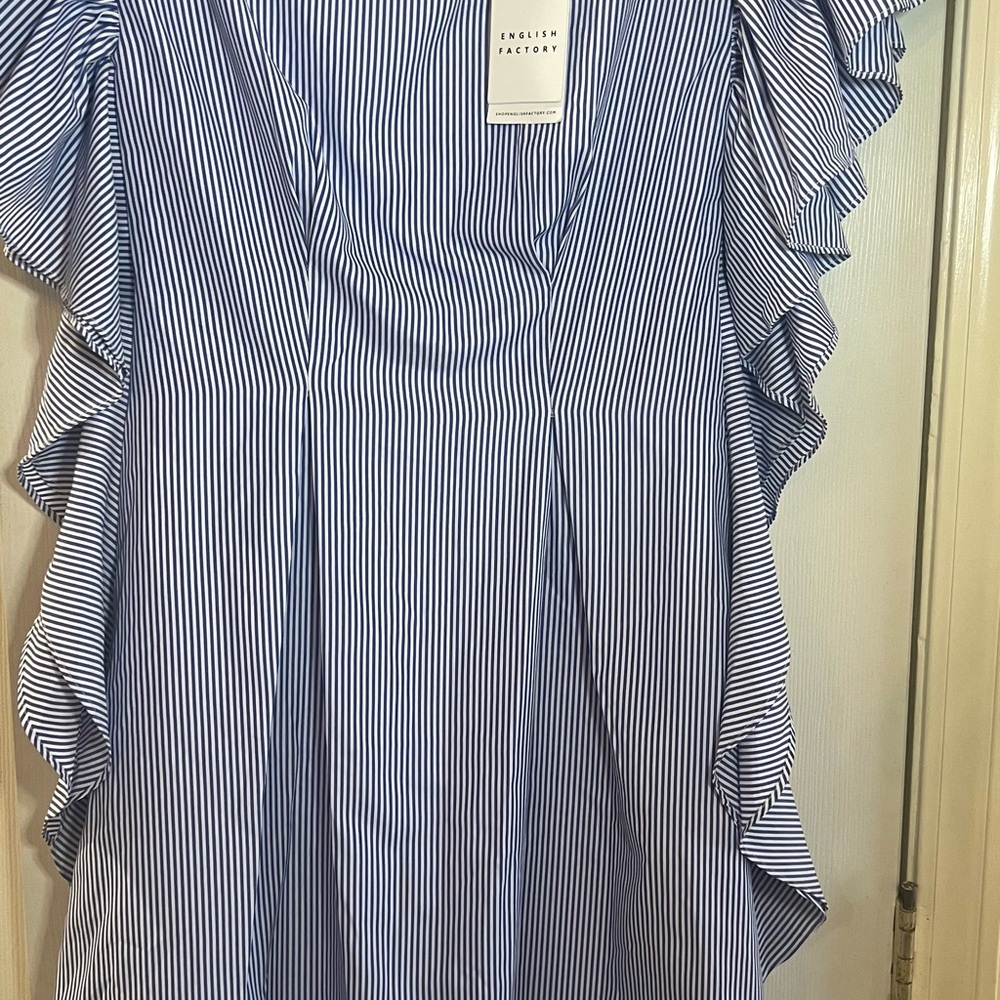 New English Factory Blue and White Striped Ruffle Dress